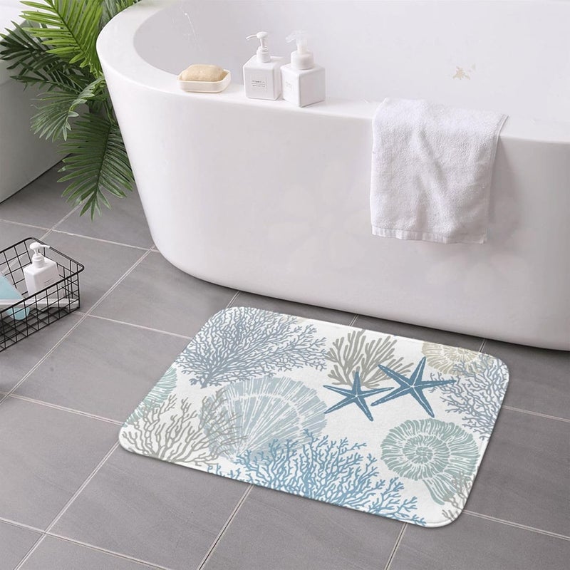 Poream Coastal Beach Bath Mats for Bathroom Decor, Seashells Starfish Absorbent Bath Rug Non-Slip Floor Rug Carpets for Kitchen Bathroom Laundry Bedroom Living Room - Image 3