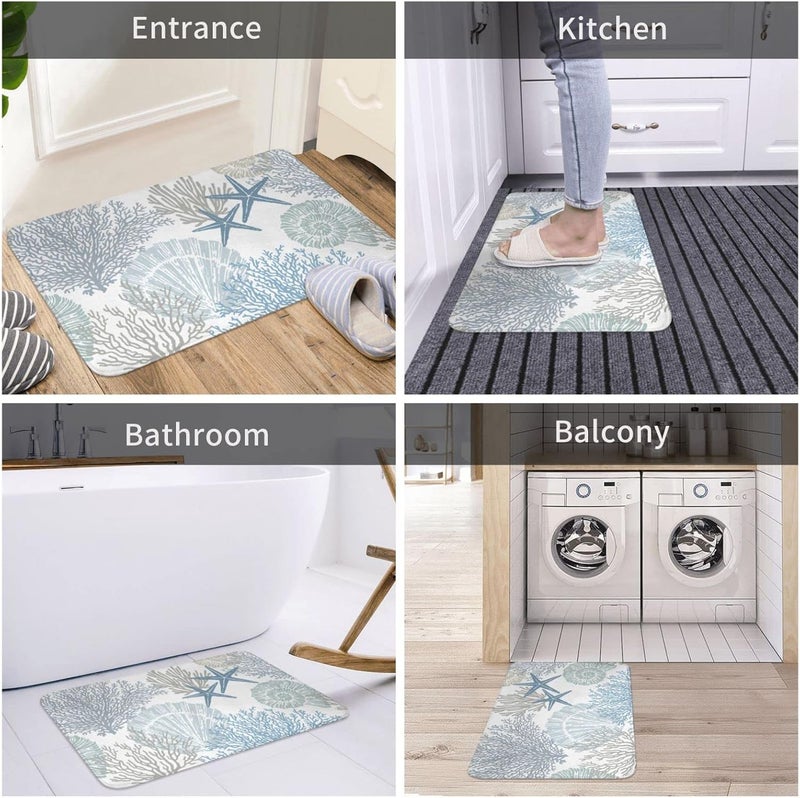 Poream Coastal Beach Bath Mats for Bathroom Decor, Seashells Starfish Absorbent Bath Rug Non-Slip Floor Rug Carpets for Kitchen Bathroom Laundry Bedroom Living Room - Image 5