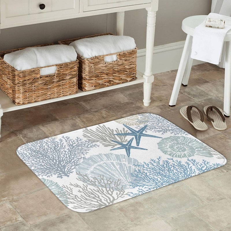 Poream Coastal Beach Bath Mats for Bathroom Decor, Seashells Starfish Absorbent Bath Rug Non-Slip Floor Rug Carpets for Kitchen Bathroom Laundry Bedroom Living Room - Image 4