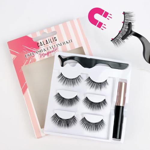 CALAILIS Magnetic Eyelashes for Women,Natural Reusable Magnet Eyelashes 3 Pairs Eyelashes Magnetic with Tweezers& Waterproof Eyeliner(CY302) - Image 2