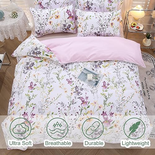 URBONUR Floral Duvet Cover Set King Size 3-Pieces Egyptian Cotton Percale Weave Bedding Set Garden Chic Flowers Comforter Cover, Soft Breathable Durable Bedding with Button Closure - Image 3
