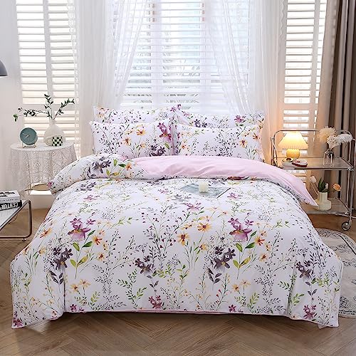URBONUR Floral Duvet Cover Set King Size 3-Pieces Egyptian Cotton Percale Weave Bedding Set Garden Chic Flowers Comforter Cover, Soft Breathable Durable Bedding with Button Closure - Image 1