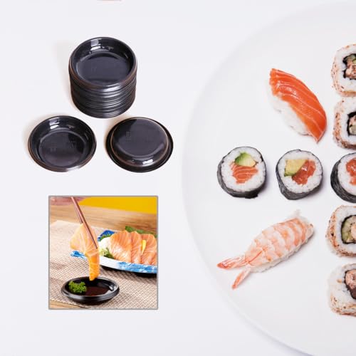 ICSTM Disposable Sauce Dishes, 100 pcs Plastic Disposable Round Black Dipping Sauce Dishes, Seasoning Platter, Soy Sauce Dish for Sushi Mustard Vinegar Soy BBQ Ketchup - Image 3