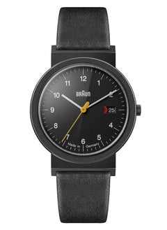 BRAUN Braun Unisex 3-Hand with Date Analogue Swiss-part Quartz Watch, Made in Germany, Black Dial and Black Leather Strap, 39mm Black Stainless Steel Case, model AW10EVOB. 