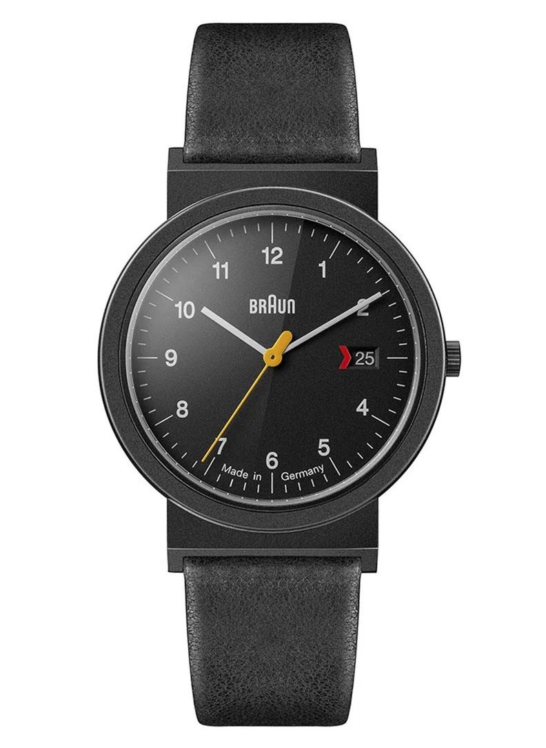 BRAUN Braun Unisex 3-Hand with Date Analogue Swiss-part Quartz Watch, Made in Germany, Black Dial and Black Leather Strap, 39mm Black Stainless Steel Case, model AW10EVOB. 