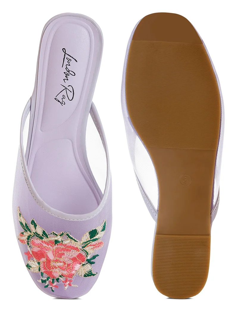London Rag Floral Embroidered Mesh Mules in Lilac