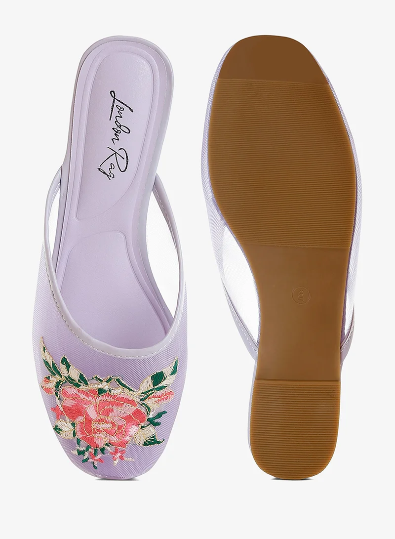 London Rag Lilac Floral Embroidered Mesh Mules in Lilac for Women | Best Price UAE