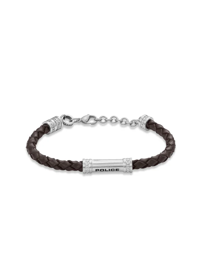 POLICE Barrel Silver Stainless Steel Brown Braided Leather Bracelet
