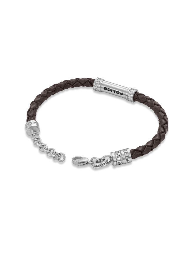 POLICE Barrel Silver Stainless Steel Brown Braided Leather Bracelet - Image 3