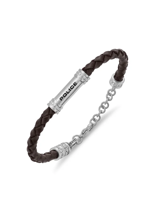 POLICE Barrel Silver Stainless Steel Brown Braided Leather Bracelet