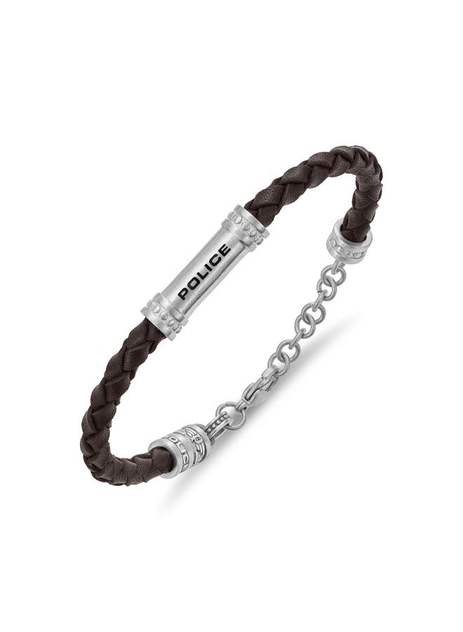 POLICE Barrel Silver Stainless Steel Brown Braided Leather Bracelet - Image 2