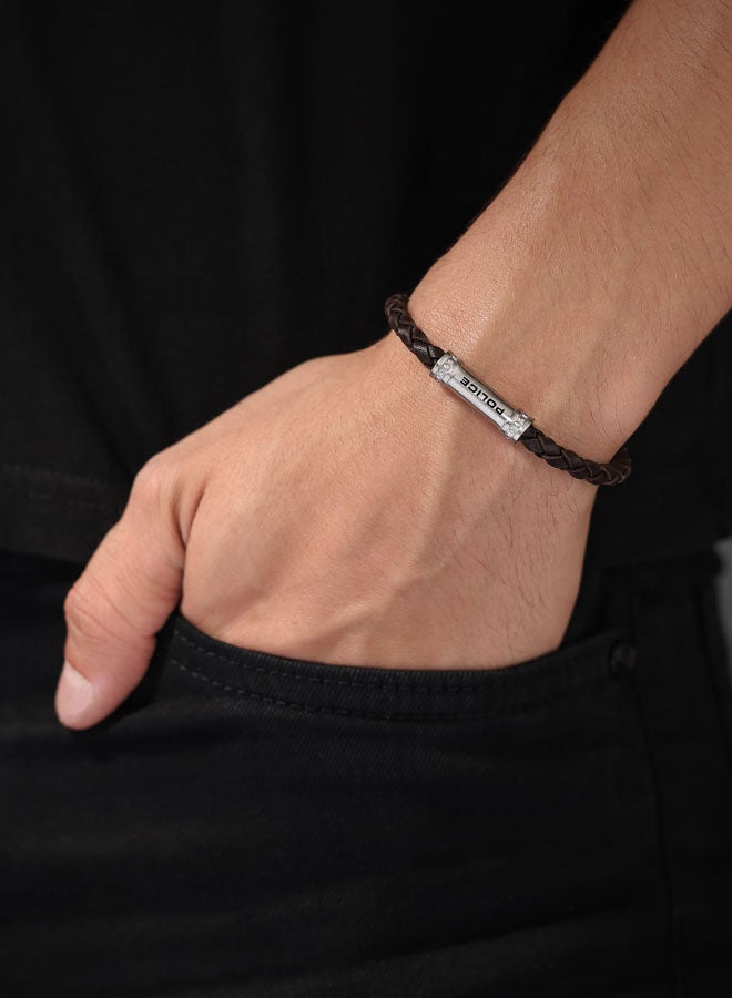 POLICE Barrel Silver Stainless Steel Brown Braided Leather Bracelet - Image 4