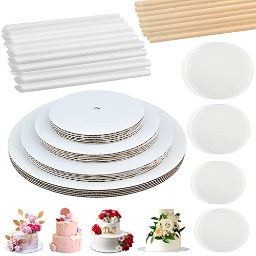 Worldity 230PCS Cake Tier Stacking Kit, 12, 10, 8, 6-Inch Cakes Cardboard Rounds with Parchment & Wooden/Plastic Cake Dowels, for Wedding, Birthday Party Cakes and Dessert Displays - Image 1