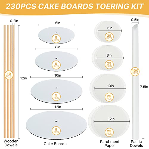 Worldity 230PCS Cake Tier Stacking Kit, 12, 10, 8, 6-Inch Cakes Cardboard Rounds with Parchment & Wooden/Plastic Cake Dowels, for Wedding, Birthday Party Cakes and Dessert Displays - Image 3