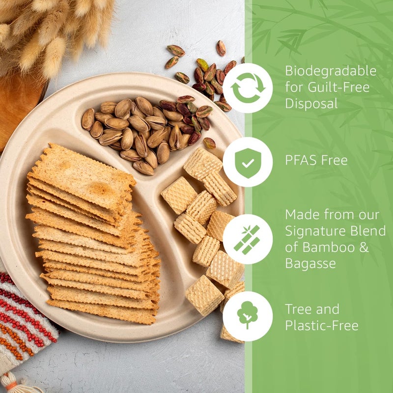 ibambo Bamboo Paper Compartment Plates Disposable (50-Pack  9-inch) - Sturdy & Microwave Safe | Heavy Duty Disposable Plates with Dividers | PFAS Free  Compostable | FSC Certified Plastic Alternative - Image 1