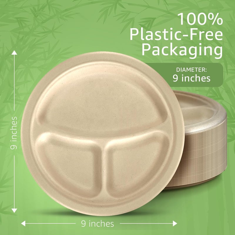 ibambo Bamboo Paper Compartment Plates Disposable (50-Pack  9-inch) - Sturdy & Microwave Safe | Heavy Duty Disposable Plates with Dividers | PFAS Free  Compostable | FSC Certified Plastic Alternative - Image 3