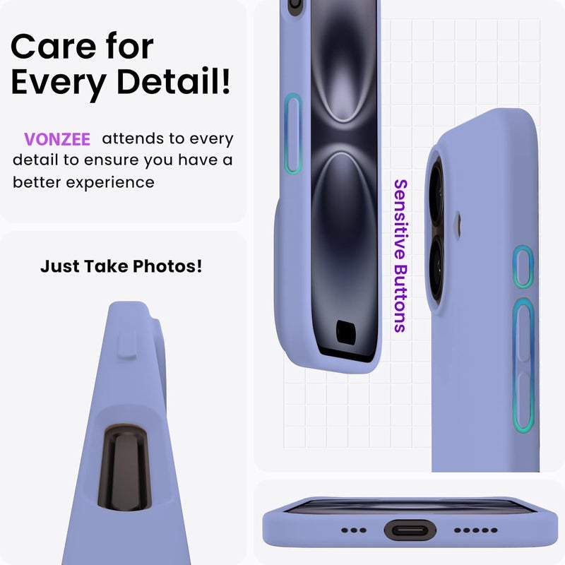 Elzzi غطاء ميكروفايبر مع شعار متوافق مع غطاء آيفون 16 بلس - حالات سائلة سيليكون 4 طبقات واقية - غطاء خلفي مضاد للصدمات مع حواف كاميرا مرتفعة (6.7 بوصة، رمادي لافندر) - Image 5