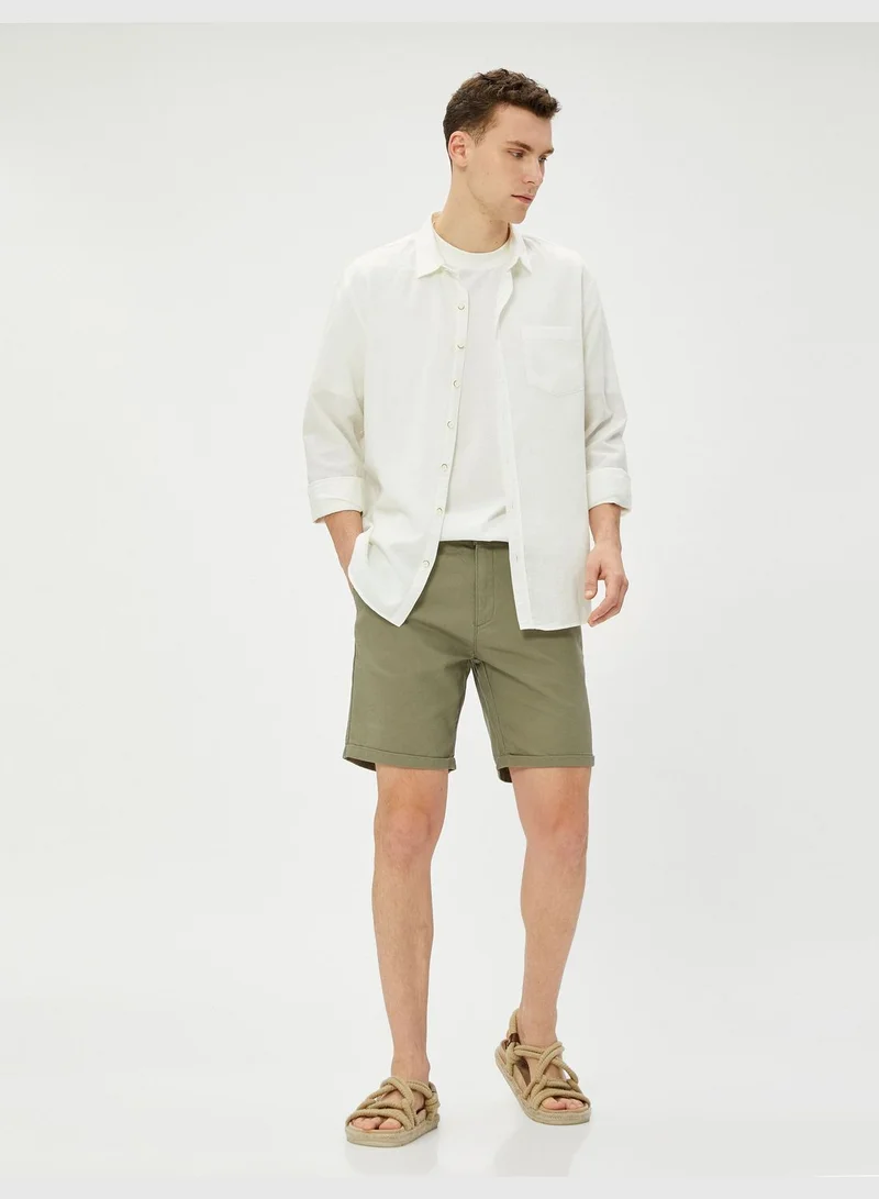 كوتون Linen Blend Shorts Drawstring Buttoned Pocket Detailed
