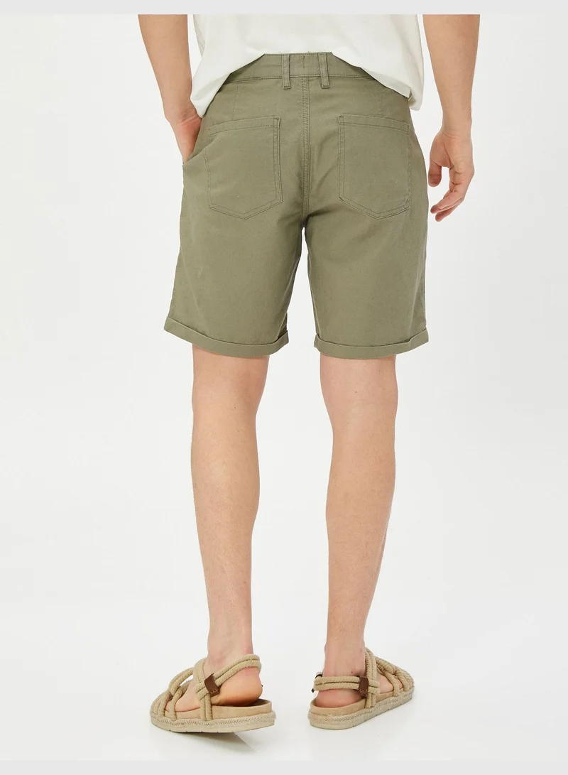 كوتون Linen Blend Shorts Drawstring Buttoned Pocket Detailed