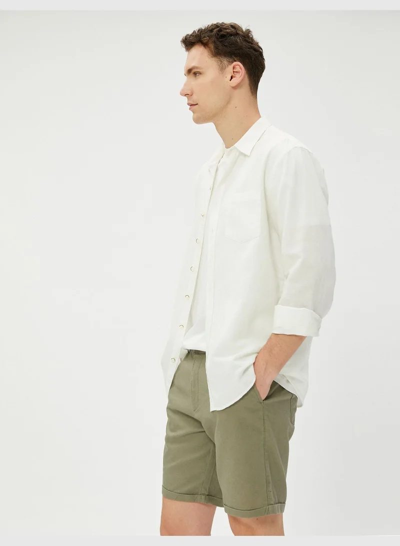 كوتون Linen Blend Shorts Drawstring Buttoned Pocket Detailed