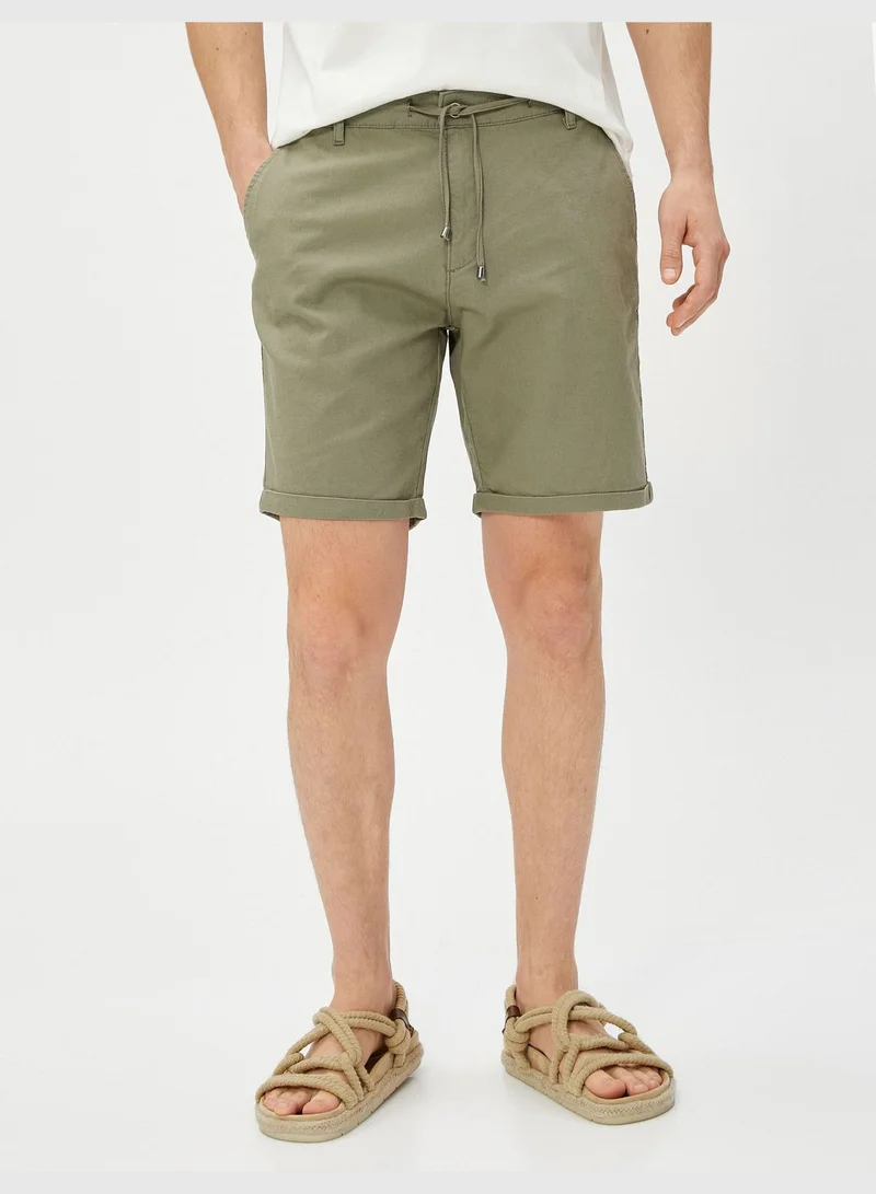 كوتون Linen Blend Shorts Drawstring Buttoned Pocket Detailed