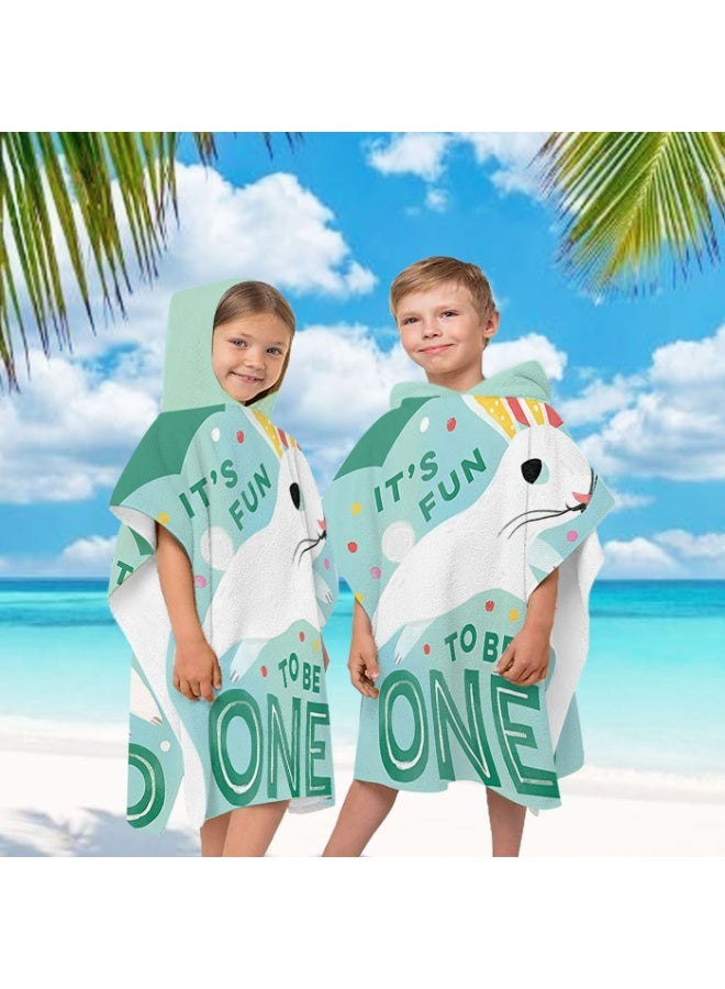 Kids' Rabbit Hooded Poncho Towel, Quick-Dry Beach Swim Poncho with 'IT'S FUN TO BE ONE' Slogan - Image 1
