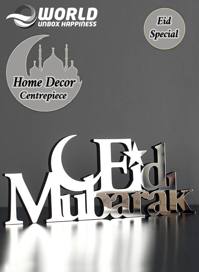 Eworld Wooden Acrylic Islamic Tabletop Decor, Elegant Eid Mubarak Decorations Crafted from Thick Eco-Friendly MDF with a Shiny Acrylic Layer for a Stunning Mirror Effect in Silver - Image 1