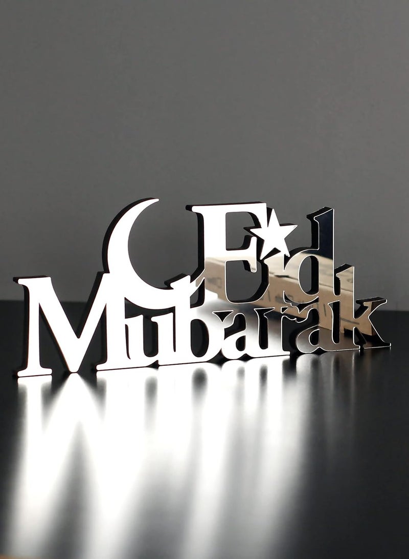Eworld Wooden Acrylic Islamic Tabletop Decor, Elegant Eid Mubarak Decorations Crafted from Thick Eco-Friendly MDF with a Shiny Acrylic Layer for a Stunning Mirror Effect in Silver - Image 3