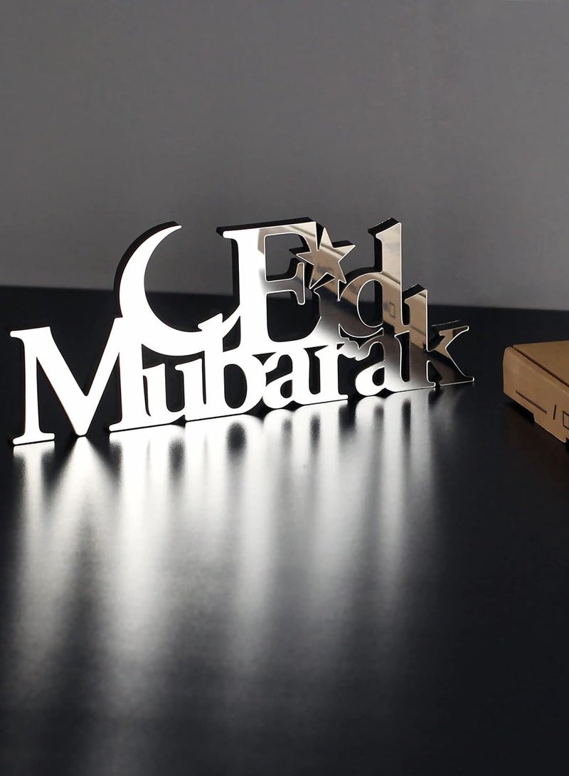 Eworld Wooden Acrylic Islamic Tabletop Decor, Elegant Eid Mubarak Decorations Crafted from Thick Eco-Friendly MDF with a Shiny Acrylic Layer for a Stunning Mirror Effect in Silver - Image 2