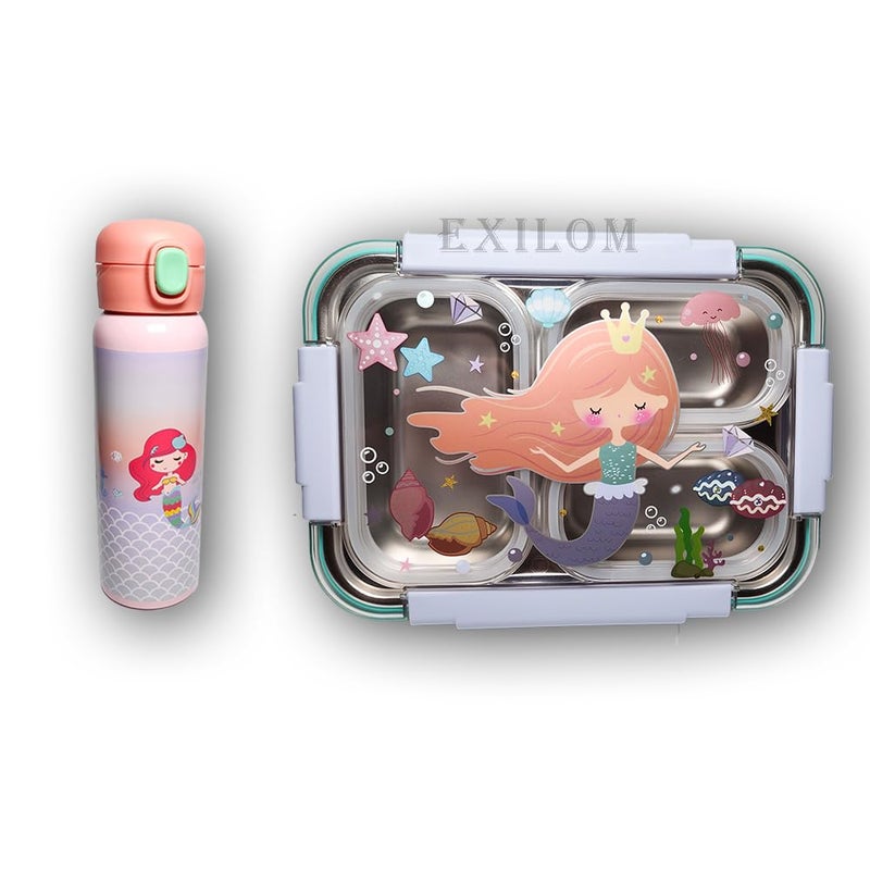 EXILOM علبة غداء وسطل شرب 2 في 1 - علبة غداء من الفولاذ المقاوم للصدأ بسعة 810 مل وسطل شرب بسعة 700 مل، مجموعة محكمة الهواء للمدرسة والنزهات الخارجية، علبة غداء وسطل شرب مقاومان للتسرب (حورية البحر) - Image 1