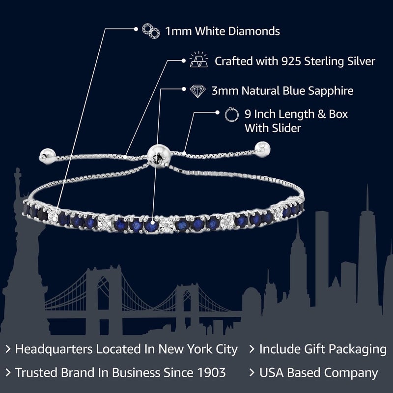 Gem Stone King 925 Sterling Silver Blue Sapphire and White Diamond Tennis Bracelet Jewelry for Women (2.05 Cttw, Gemstone Birthstone, Fully Adjustable Up to 9 Inch) - Image 2