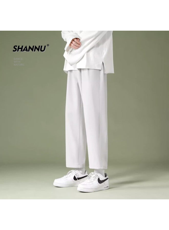 Shannu Men's Spring And Summer Casual Loose Straight Wide Leg Nine-point Ice Silk Shorts Light Grey L - Image 1