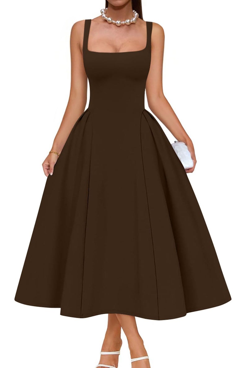 Memoriesea Women's Elegant Square Neck Swing A Line Wedding Evening Party Midi Dress Brown - Image 1