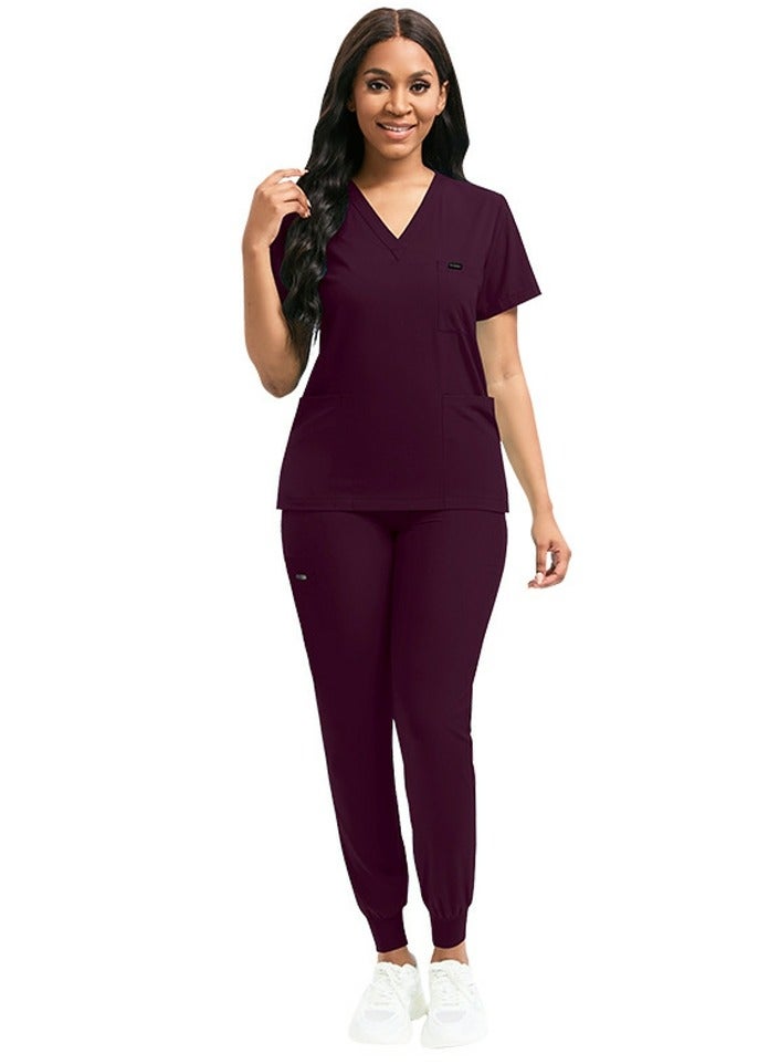 Loquat Medical Uniform Scrubs 2 Piece Set V-Neck Top and Elastic Waist Jogger Pants Suit Wine Red 
