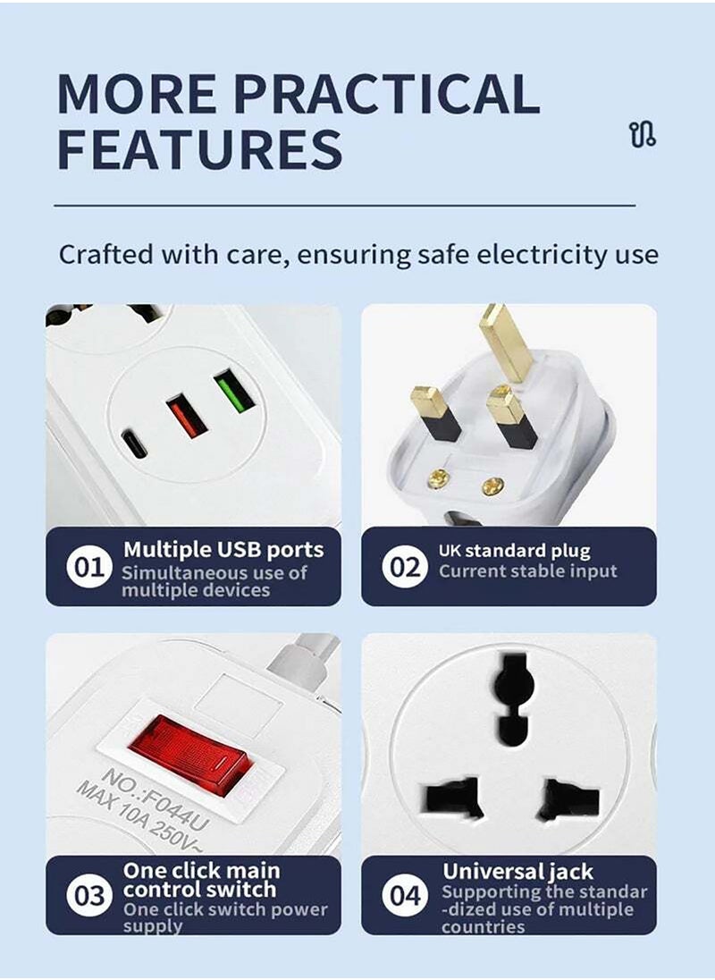 POWER LIFE Power Strips Extension Cord 4 Outlets, Universal Plug Adapter with 3 USB Ports Surge Protector, Charging Socket with 2M Universal Extension Lead with Multiple Function  - Image 3