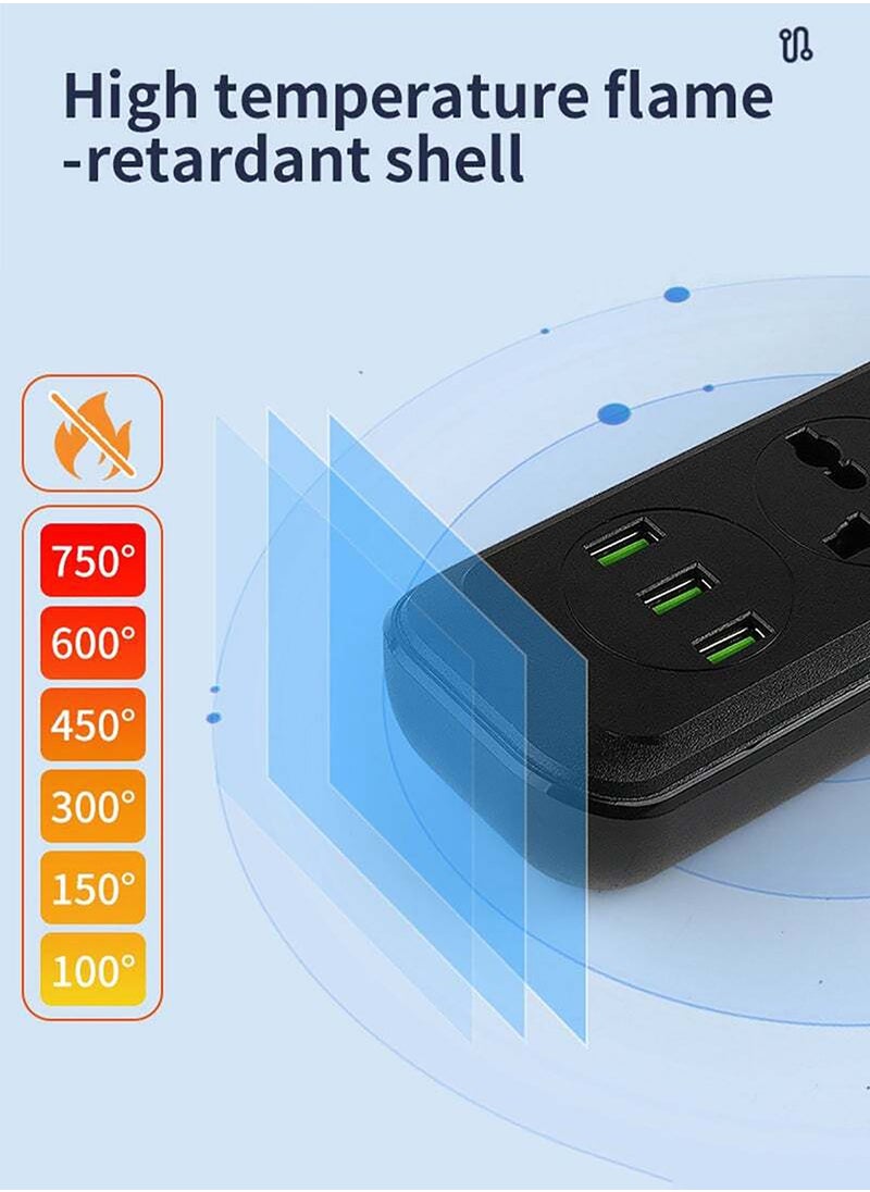 Power Strips Extension Cord 4 Outlets, Universal Plug Adapter with 3 USB Ports Surge Protector, Charging Socket with 2M Universal Extension Lead with Multiple Function