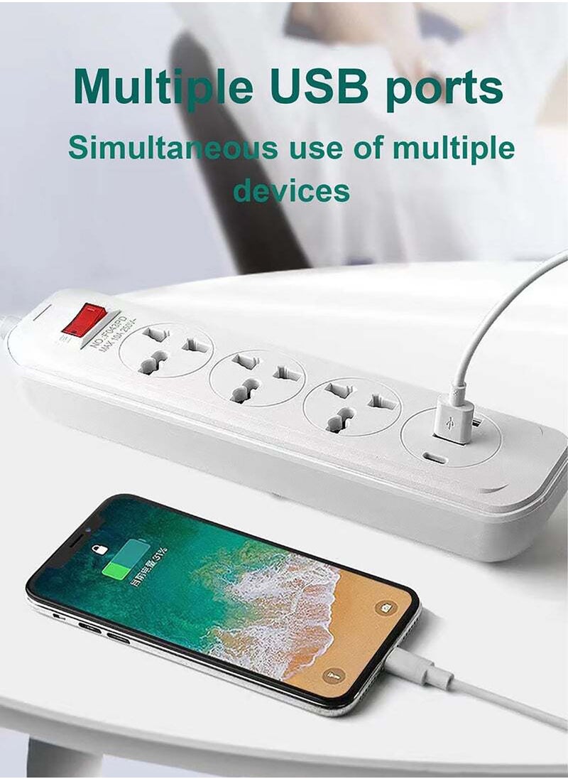Power Strips Extension Cord 4 Outlets, Universal Plug Adapter with 3 USB Ports Surge Protector, Charging Socket with 2M Universal Extension Lead with Multiple Function