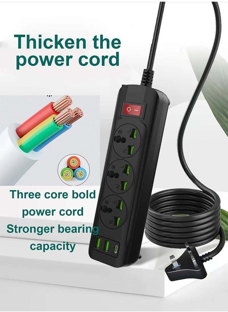 POWER LIFE Power Strips Extension Cord 4 Outlets, Universal Plug Adapter with 3 USB Ports Surge Protector, Charging Socket with 2M Universal Extension Lead with Multiple Function  - Image 4