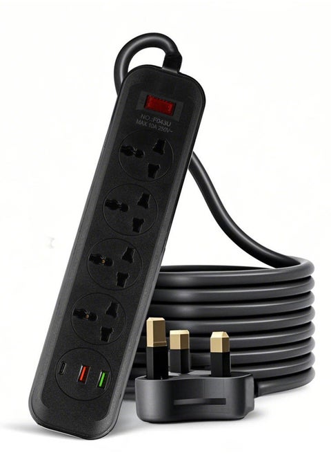 Power Strips Extension Cord 4 Outlets, Universal Plug Adapter with 3 USB Ports Surge Protector, Charging Socket with 2M Universal Extension Lead with Multiple Function
