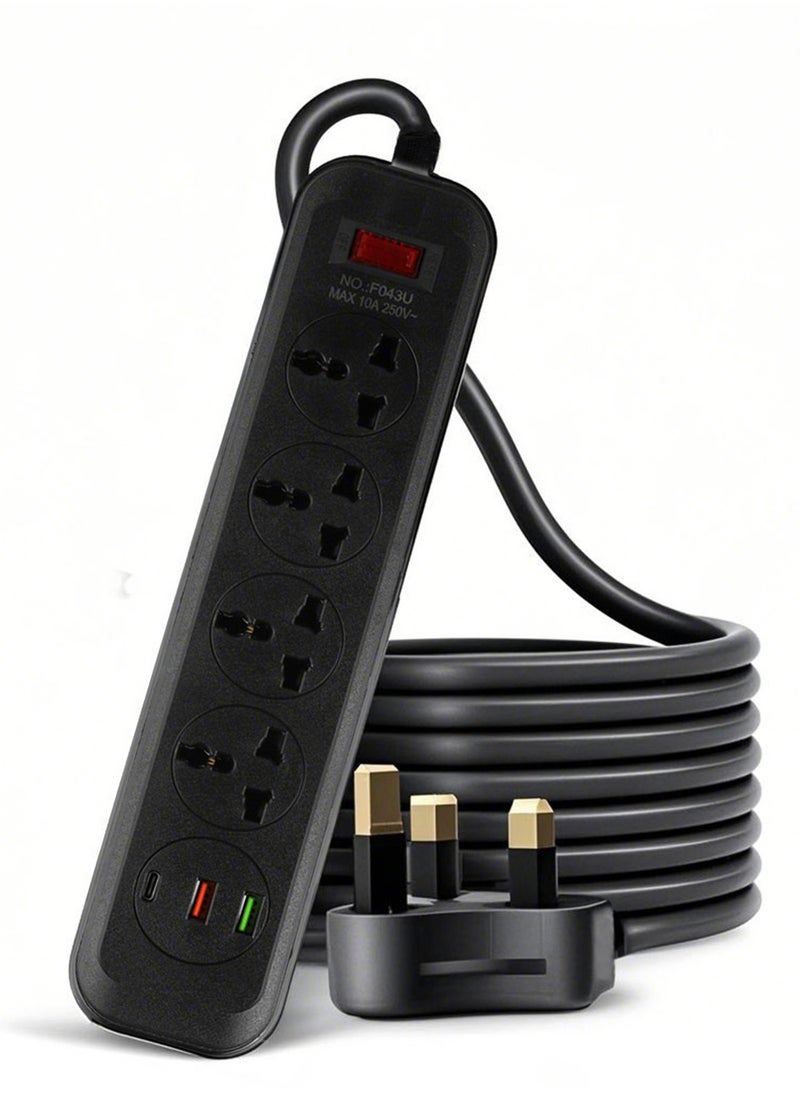 POWER LIFE Power Strips Extension Cord 4 Outlets, Universal Plug Adapter with 3 USB Ports Surge Protector, Charging Socket with 2M Universal Extension Lead with Multiple Function  - Image 1
