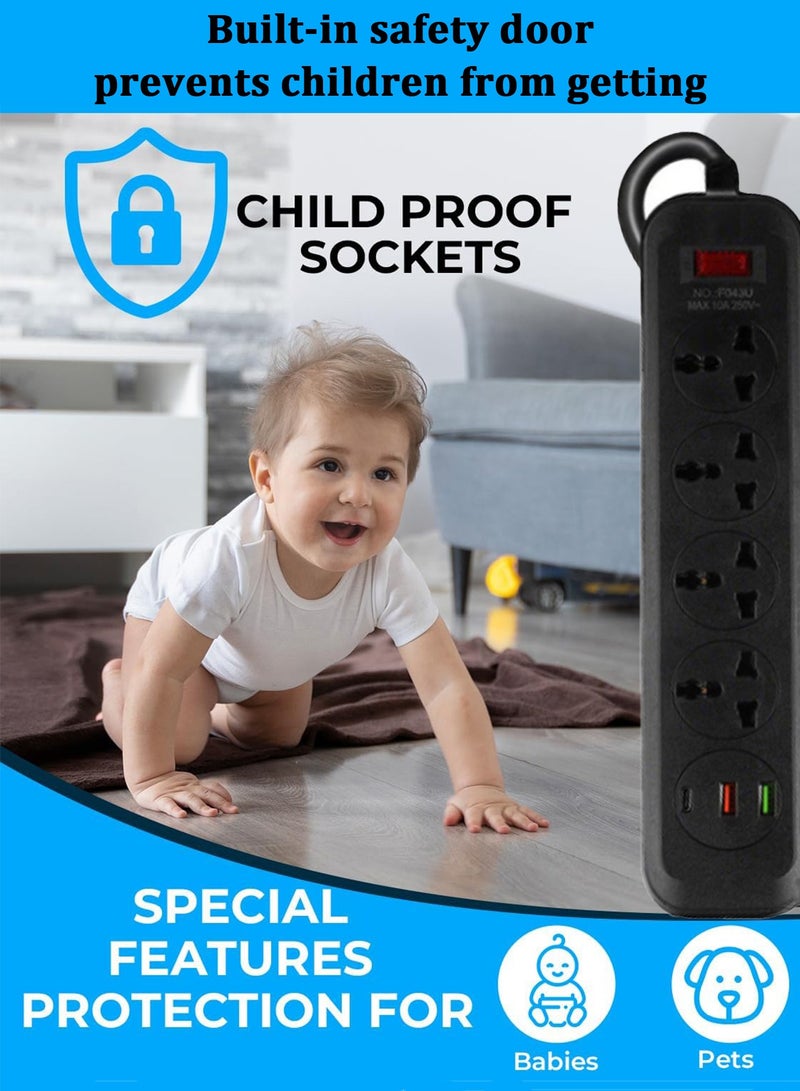 CubeG Electric Extension Surge Protector 2M Universal Extension Cord UK Plug Power Strip with 4 AC Outlets 2 USB A Ports 1 USB-C port for Home Bedroom Kitchen Office and More Black - Image 5