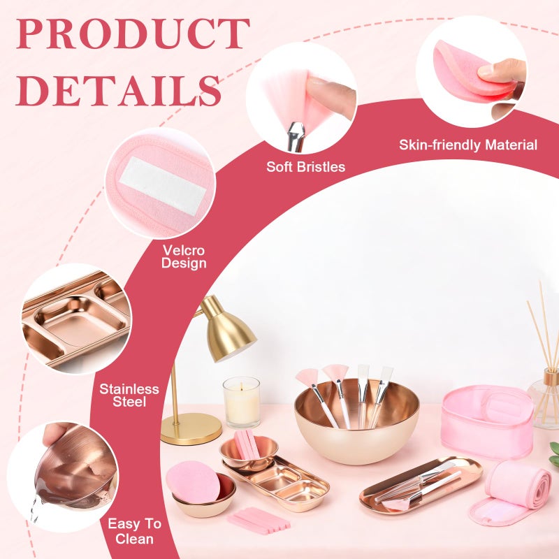 DLUGOPIS 26 Rose Gold Esthetician Supplies Kits 3 Facial Bowls Large Spa Bowls 3 Fan Brushes Makeup 3 Face Mask Brushes Salon Tray 3 Section Skincare Tray 12 Face Sponge Compressed 2 Spa Headbands for Women - Image 3