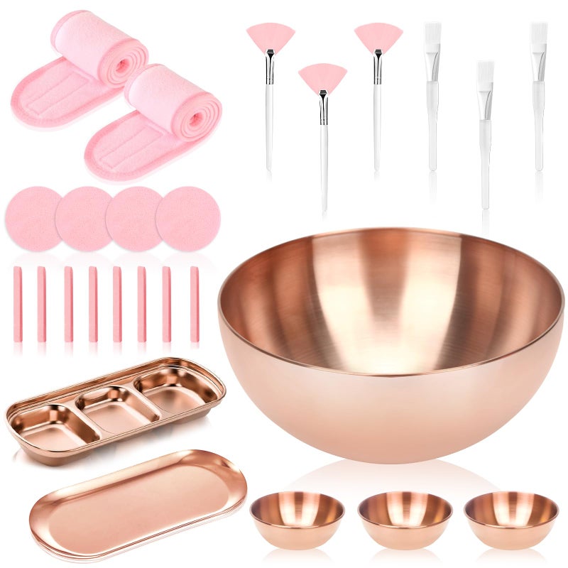 DLUGOPIS 26 Rose Gold Esthetician Supplies Kits 3 Facial Bowls Large Spa Bowls 3 Fan Brushes Makeup 3 Face Mask Brushes Salon Tray 3 Section Skincare Tray 12 Face Sponge Compressed 2 Spa Headbands for Women - Image 1