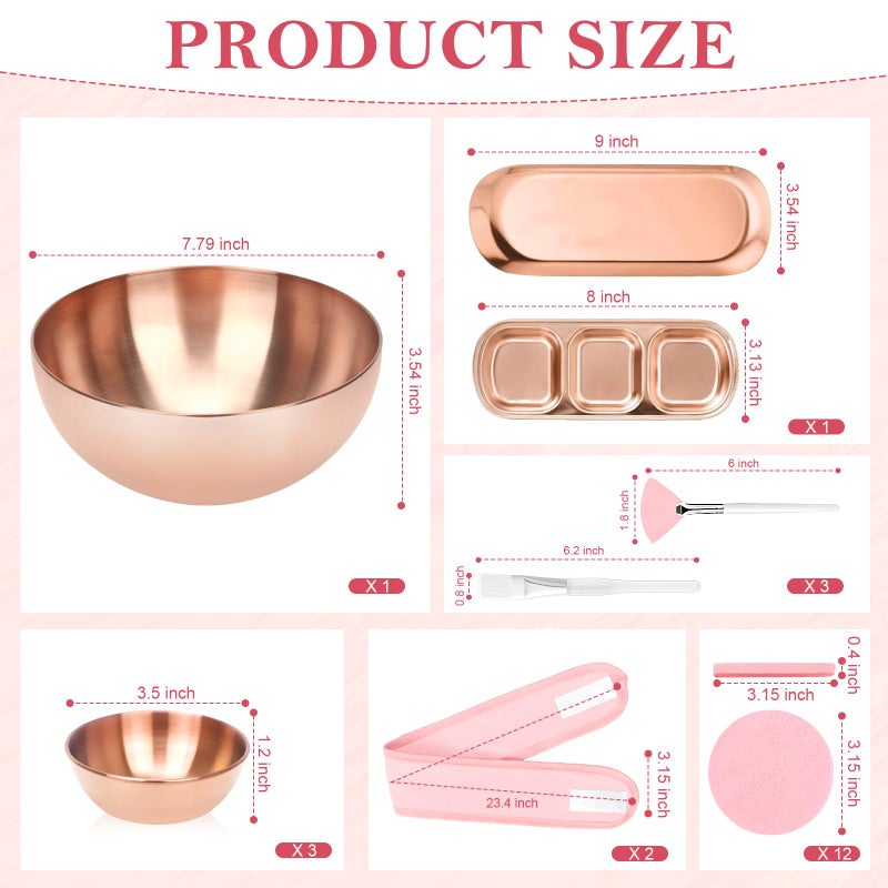 DLUGOPIS 26 Rose Gold Esthetician Supplies Kits 3 Facial Bowls Large Spa Bowls 3 Fan Brushes Makeup 3 Face Mask Brushes Salon Tray 3 Section Skincare Tray 12 Face Sponge Compressed 2 Spa Headbands for Women - Image 2