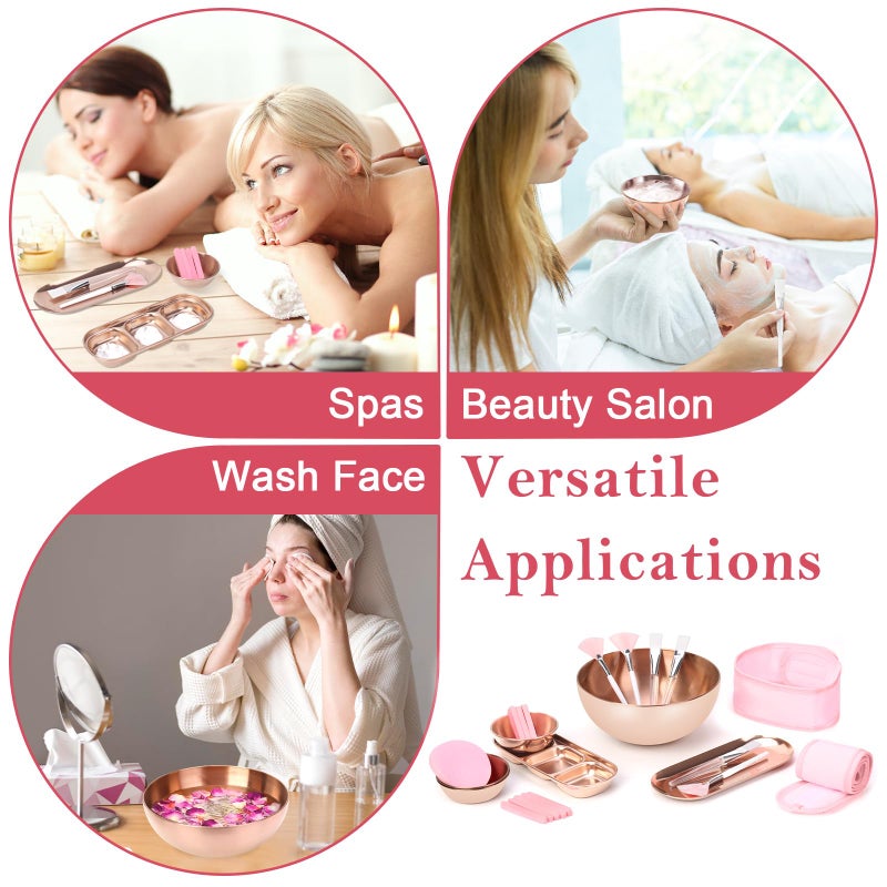 DLUGOPIS 26 Rose Gold Esthetician Supplies Kits 3 Facial Bowls Large Spa Bowls 3 Fan Brushes Makeup 3 Face Mask Brushes Salon Tray 3 Section Skincare Tray 12 Face Sponge Compressed 2 Spa Headbands for Women - Image 4