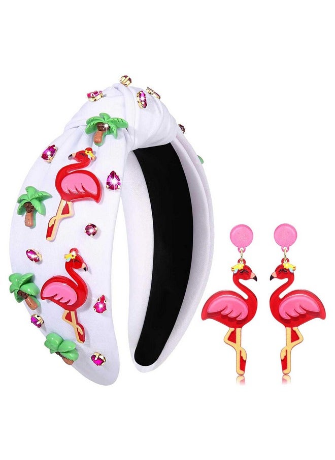 YAHPERN Jeweled Boho Knotted Rhinestone Crystal Wide Top Knot Headband For Women - Tropical Vacation Outfits Hair Accessory (Flamingo 1)  - Image 1
