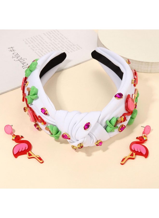 YAHPERN Jeweled Boho Knotted Rhinestone Crystal Wide Top Knot Headband For Women - Tropical Vacation Outfits Hair Accessory (Flamingo 1)  - Image 4