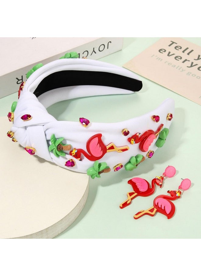 YAHPERN Jeweled Boho Knotted Rhinestone Crystal Wide Top Knot Headband For Women - Tropical Vacation Outfits Hair Accessory (Flamingo 1)  - Image 5