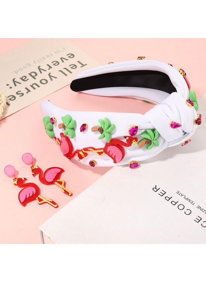 YAHPERN Jeweled Boho Knotted Rhinestone Crystal Wide Top Knot Headband For Women - Tropical Vacation Outfits Hair Accessory (Flamingo 1)  - Image 2