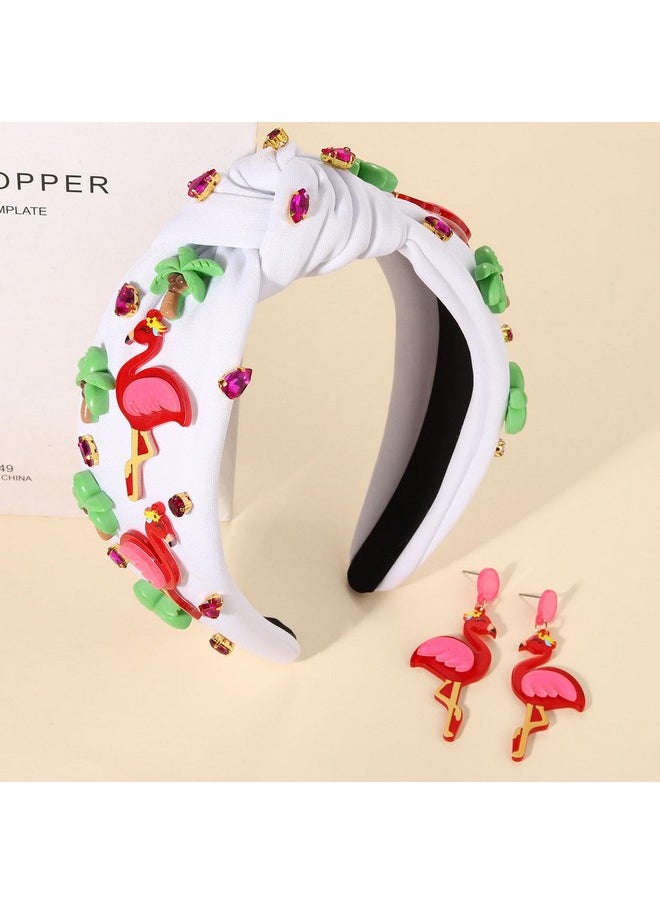 YAHPERN Jeweled Boho Knotted Rhinestone Crystal Wide Top Knot Headband For Women - Tropical Vacation Outfits Hair Accessory (Flamingo 1)  - Image 3
